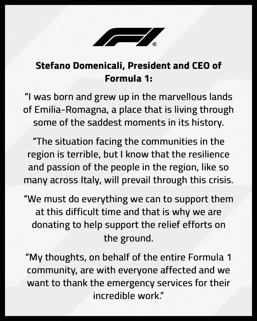 F1さんのインスタグラム写真 - (F1Instagram)「Formula 1 will be making an immediate €1m donation to the Emilia-Romagna Region's Agency for Territorial Safety and Civil Protection to support the communities affected by the flooding in the region.  For anyone wanting to donate, please follow the link in our bio」5月19日 21時31分 - f1