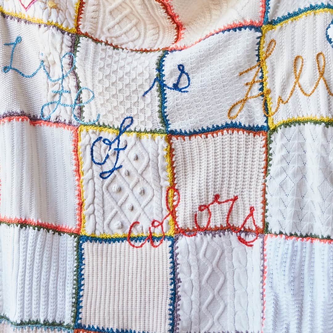 デミリーのインスタグラム：「A sweet embroidered quilt of beloved knits—made to celebrate the launch of our PLAY WITH COLORS Capsule Collection, available now at demylee.com!」