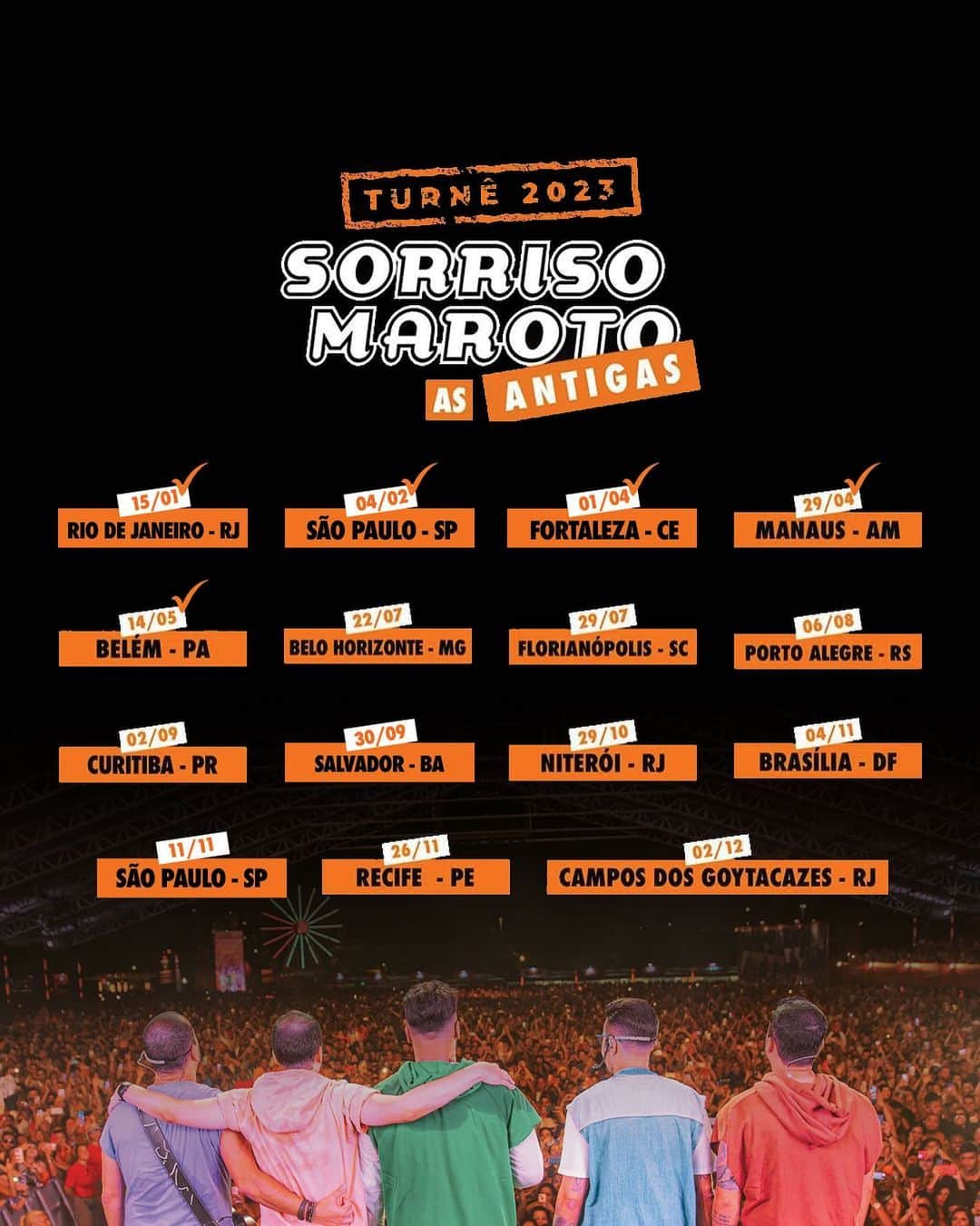 Sorriso Marotoのインスタグラム：「A Turnê completa do #SorrisoAsAntigas está no ar! 🤩   Fiquem ligados nas datas de abertura de vendas da sua cidade! 🧡  Já temos várias com as vendas abertas. Consulte a sua pelo link da bio ❤️‍🔥  Vambora!🔥」