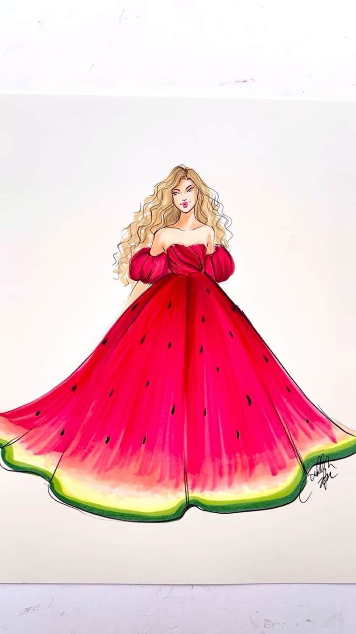 Holly Nicholsのインスタグラム：「Watermelon Dress 🍉 #watermelon #asmr #fashionillustration #copicmarkers」