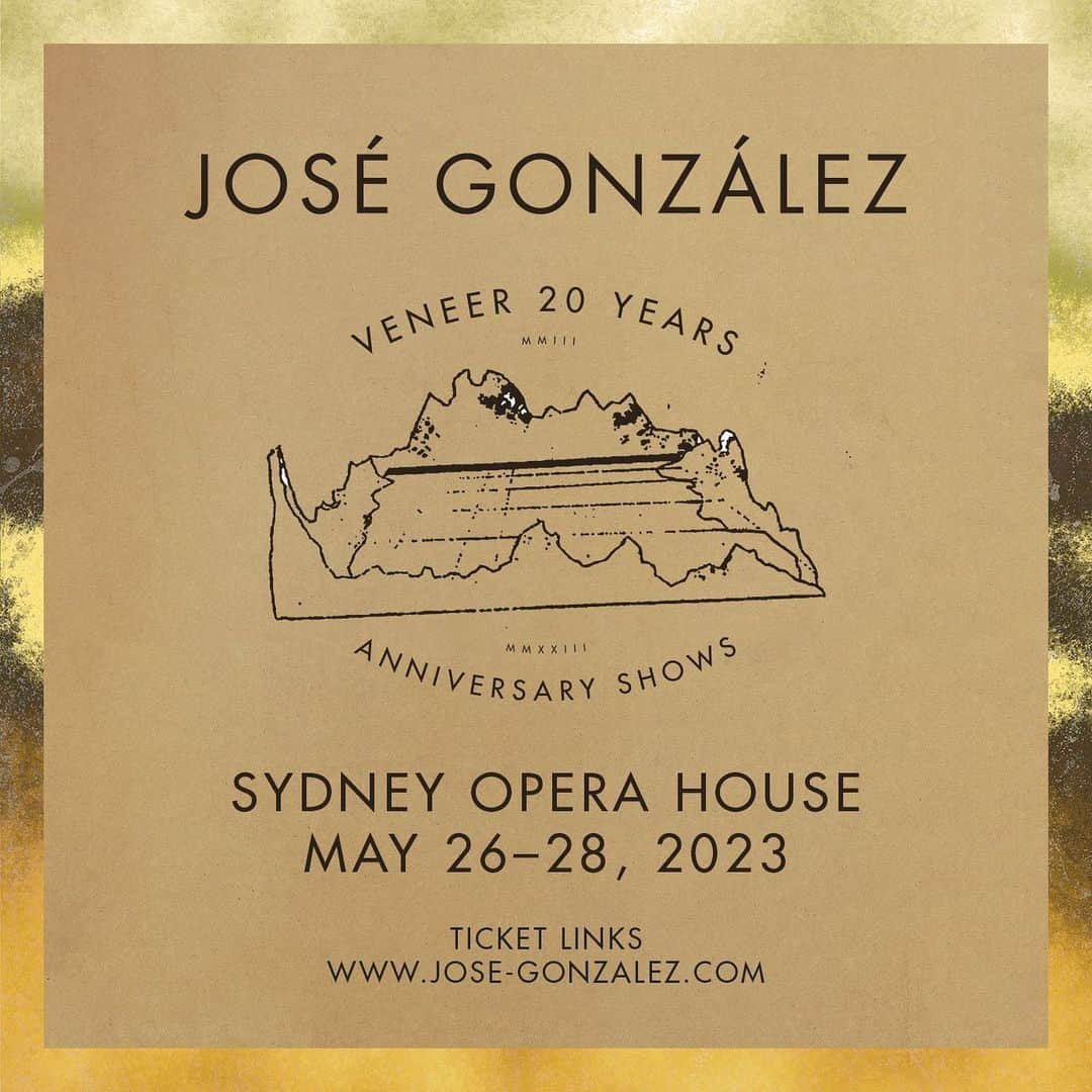 ホセ・ゴンザレスのインスタグラム：「In one week from now I will perform my first 20 year anniversary show for my debut album, Veneer. I will play three consecutive nights at the beautiful Sydney Opera House. Following this, I’ll be playing select festivals and venues throughout Veneer’s 20th year around the world. There will be shows added continuously. The shows will consist of all the songs from Veneer, some b-sides, some covers I used to play back then, and a few favourites from my entire catalogue!」