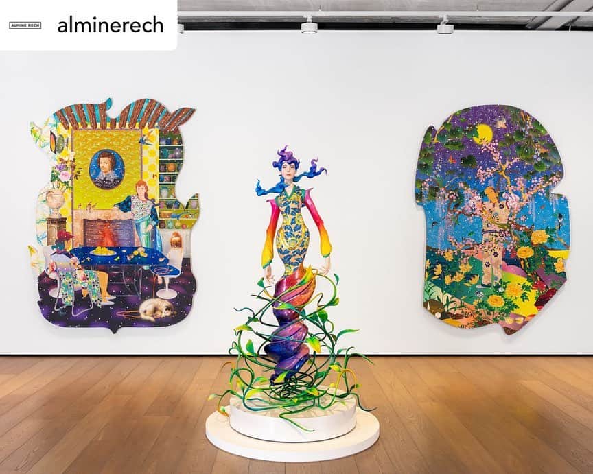 松山智一のインスタグラム：「tomorrow is the last day of the exhibition @alminerech , Thanks to all who made the visit🙏  #repost @alminerech  Born in 1976, in Japan, Tomokazu Matsuyama creates work that responds to his own bi-cultural experience of growing up between Japan and America by bringing together aspects of both Eastern and Western aesthetic systems.   As Evan Moffitt states, “Refusing to be reduced to cultural stereotypes, he chose instead to subvert them: the imagery in his work, then and now, filters influences from European and American art history through Japan and back again, so their origins can be difficult to pin down.”  •  Tomokazu Matsuyama's exhibition ‘Episodes Far from Home’ at Almine Rech London is currently on view until May 20, 2023.  •  Photos: Melissa Castro Duarte  •  #TomokazuMatsuyama #EpisodesFarfromHome #AlmineRech #AlmineRechLondon #London」