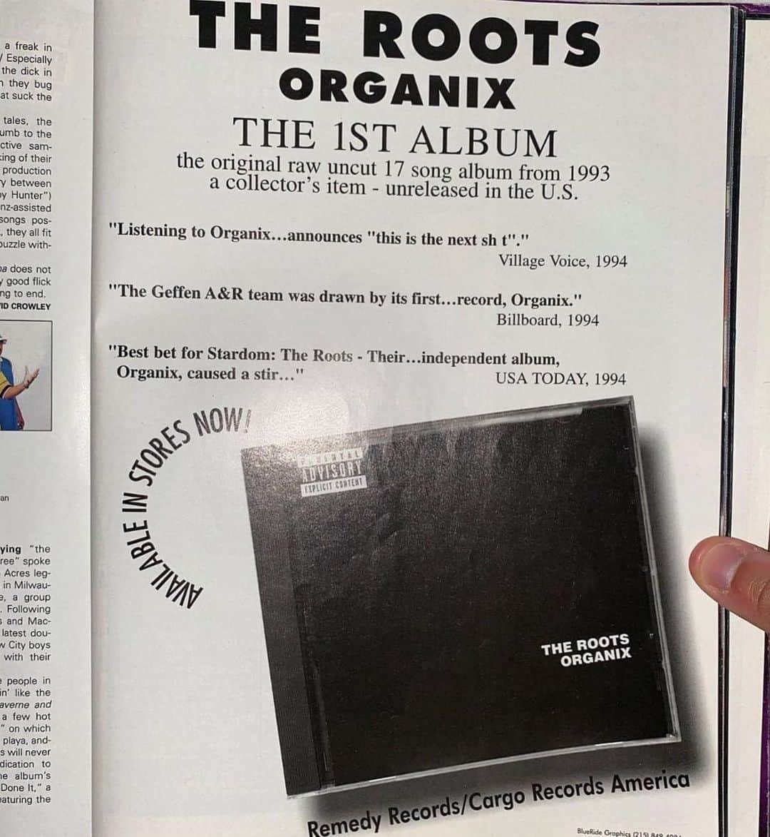 クエストラブさんのインスタグラム写真 - (クエストラブInstagram)「Oh wow….. ha ha at this ad from 93? 🤣🤣😂😂😂🤣🤣🤣🤣😂😂😂😂  #Repost @zayallwyld21 ・・・ ON 05-19-93, THE ROOTS RELEASED THEIR FIRST ALBUM CALLED "ORGANIX" ON CARGO RECORDS. THEY GOT A SINGLE CALLED "CARRYIN ON" IS WE CARRY THE SOUL MUSIC IN PHILLY & "ORGANIX" IS THE GOOD FEELING NOW. ROOTS WHAT'S GOOD. @theroots @blackthought @questlove @kamalgray  #theroots #organix #cargorecords」5月20日 13時32分 - questlove