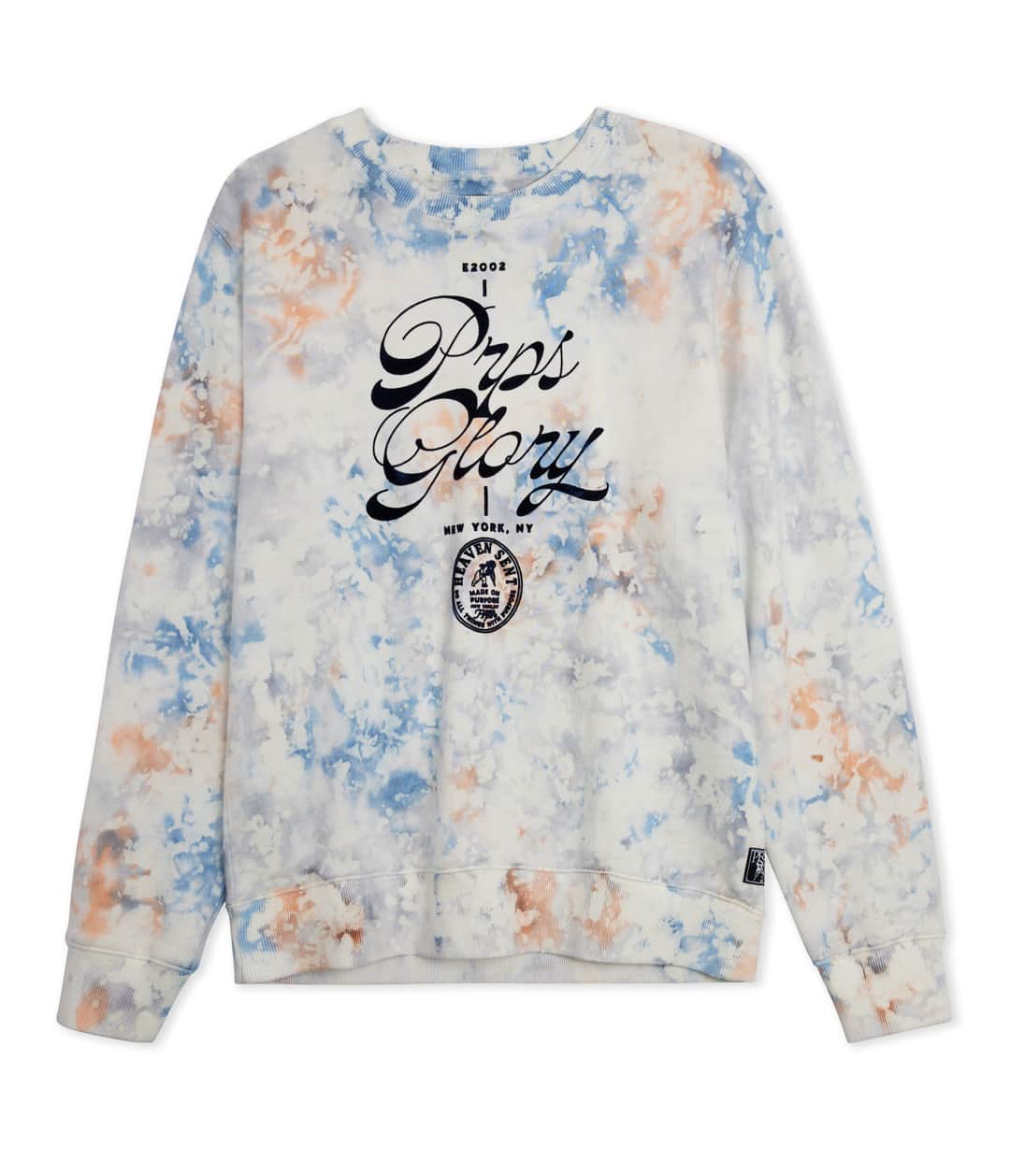 ピーアールーピーエスのインスタグラム：「The Sea Breeze Crewneck | Flocked graphics on a drip-dye trench terry are a match made.」