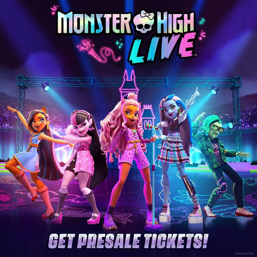 Mattelのインスタグラム：「@monsterhigh hits the stage for the first time with an all-new concert, Monster High Live! Presale tickets are available for a limited time. Enter code FANG at checkout by May 22 10am local time to get in on the fangtastic action at monsterhighlive.com. @monsterhighlive #MonsterHigh #monsterhighlive   *Presale valid through May 22, 2023 at 10am local time. While supplies last. To redeem offer, enter code FANG at checkout. Offer may be modified, suspended or cancelled in Family Entertainment Live’s sole discretion.」