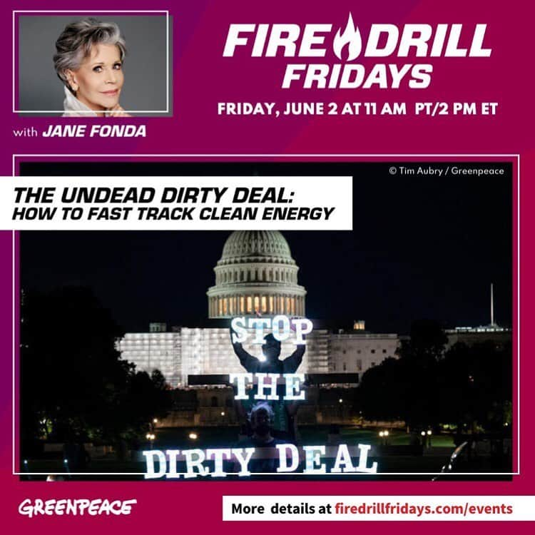 ジェーン・フォンダのインスタグラム：「Repost from @firedrillfriday • Hey Firefighters! Remember last fall when we came together not once, not twice, but three times to block Senator Manchin’s Dirty Deal that attempts to fast track oil and gas projects across the country? Well guess what — it’s BACK — and we must defeat it once and for all.⁣ ⁣ Mark your calendars for our next Fire Drill Fridays Live Show in two weeks on Friday, June 2 at 11am PT / 2pm ET where we’ll get real about who benefits from “permitting reform” and discuss solutions to clean energy that are rooted in truth, science, and justice. ⁣ ⁣ We will see you LIVE on Friday, June 2 at 11am PT / 2pm ET on firedrillfridays.com, the FDF Facebook page, Greenpeace USA Twitter, or Greenpeace USA YouTube.⁣ ⁣ #FireDrillFridays #DirtyDeal #CleanEnergy @janefonda @greenpeaceusa」