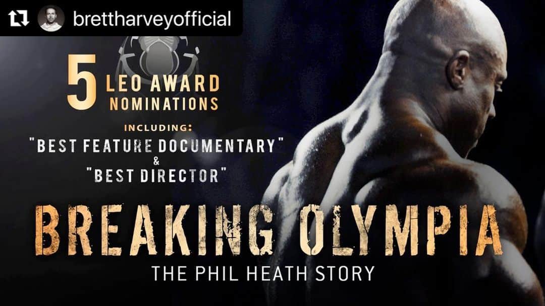 Phil Heathのインスタグラム：「#Repost @brettharveyofficial  Super happy to announce that "BREAKING OLYMPIA" has just been nominated for '5 Leo Awards' including BEST FEATURE DOCUMENTARY & BEST DIRECTOR! Big news also coming on its future release! Congrats to the whole team! Very excited for the incredible story of @philheath to be released to the world. #philheath #mrolympia #feature #documentary」