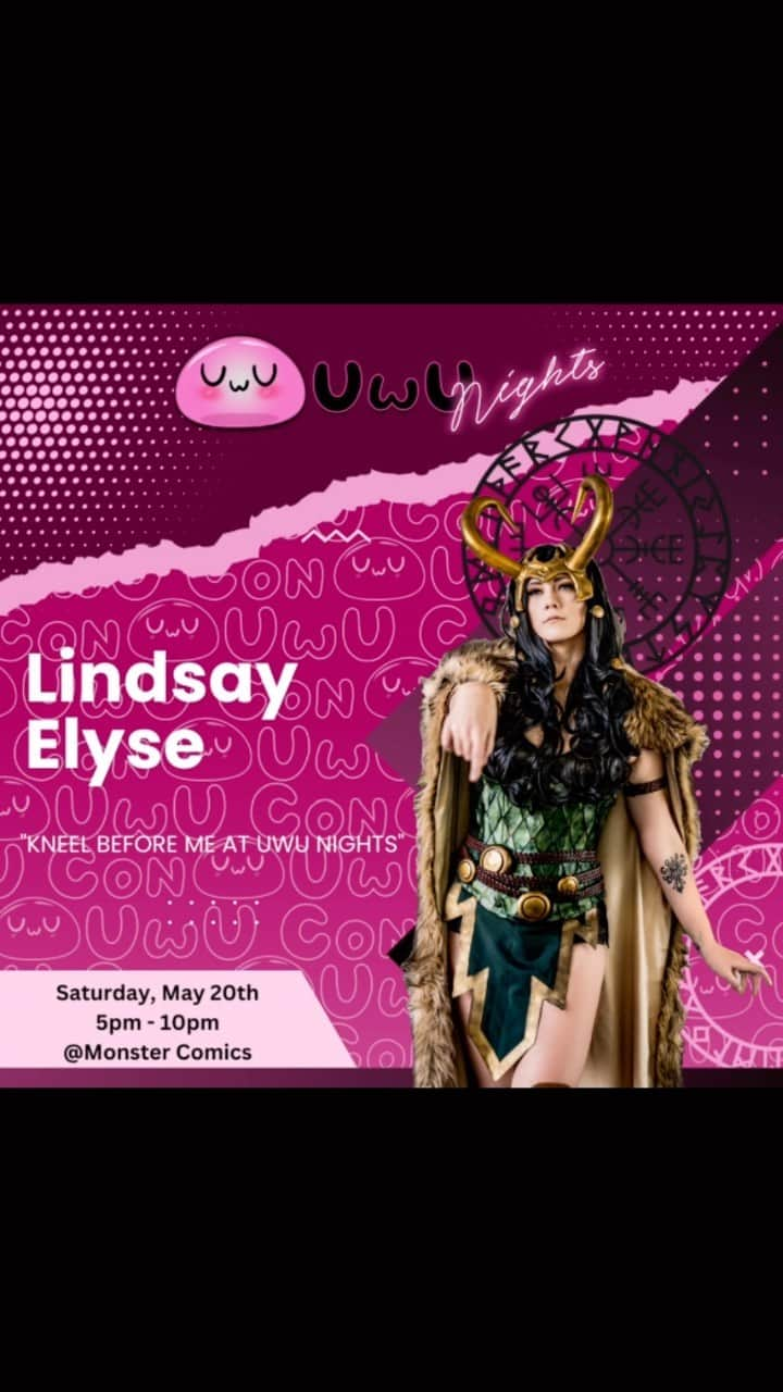 リンジー・エリースのインスタグラム：「UwU Nights is tomorrow! Come check out all the fun at Monster Comics…you may spot Loki @gglindsayelyse wandering around. #uwunights #uwucon #uwuconaz #uwucon2023」