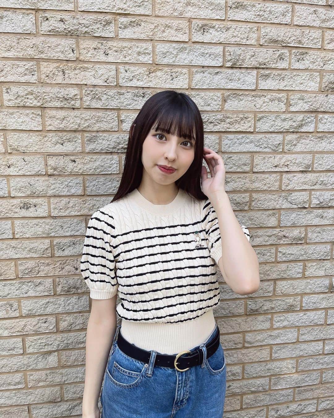 沖口優奈のインスタグラム：「最近買ったクマちゃんTシャツかわいい🐻 ボーダーもお気に入り！！」