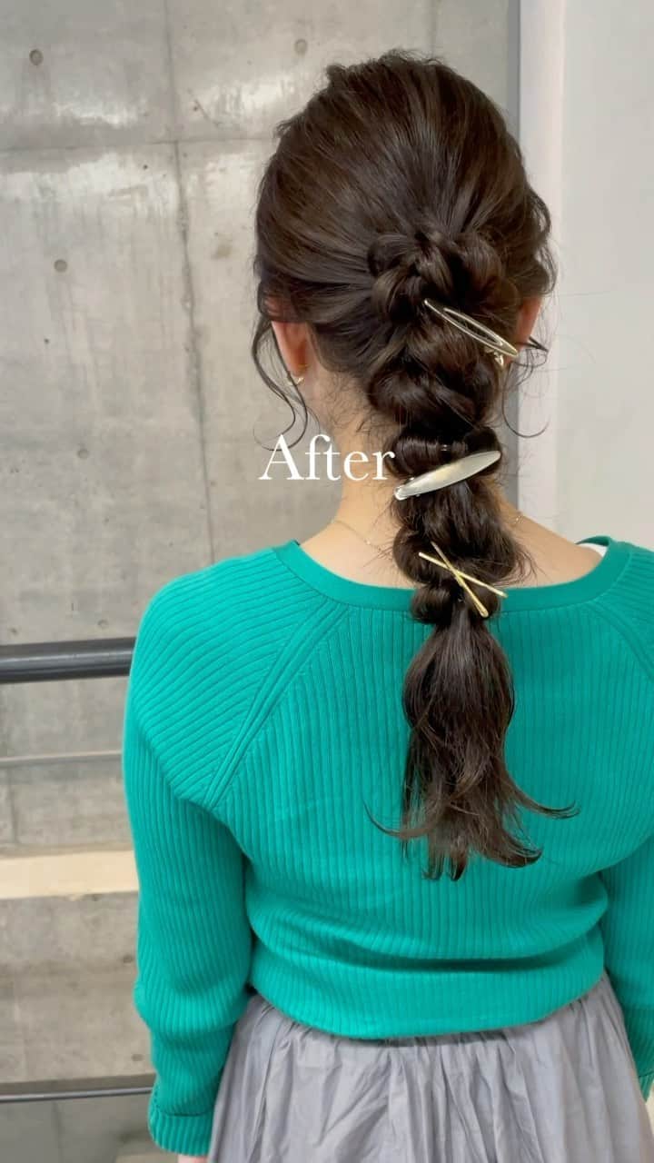 吉田達弥のインスタグラム：「お客様 Before After ✨  cut ✂︎ 長めキープなので毛先と毛量調整して おくれ毛はS字にしました✂︎  highlight 暗めだけど透明感欲しいので シークレットハイライトで赤み消し💫  color 最近プラチナカラーが人気なので プラチナミントベージュにしました✨  hair arrange この後デートなので 彼氏さんにも喜んでもらえるように 編み編みポニーテールにしました✨  accessory お客様がクリップ持って来てくれたので 使わせていただきました🌟  #ヘアアレンジ　#カット　#ヘアカラーベージュ  #ミントカラー  #レイヤーカットロング  #おくれ毛　#編み下ろし  #ヘアアクセサリー」