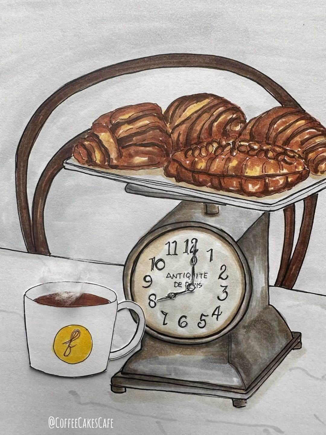 RIASIMのインスタグラム：「Hi 👋🏻 everyone! You may have seen me sharing  @fouetnyc on my story a few times. Been wanting to illustrate them for awhile and thought how fun to start the weekend with freshly baked croissants! Don’t you agree? 🇫🇷❤️🥐 This bakery is nestled on a tree lined street , located on W 13th, truly sweet, charming, and quaint. It’s a French/Japanese bakery and they offer a beautiful menu filled delights! From their flakey, buttery croissants to cakes, cookies, and warm savory dishes…it’s truly a place I highly recommend you pop into! Take a peek at their handle and you can see for yourself how yummy everything looks! 💛 . This illustration is inspired by 3 of @fouetnyc posts. I loved all three and thought to add a bit of all 3 pics in my illustration. 😊 Have a wonderful Saturday everyone! 💛 . . . . . . . . . #greenwichvillage #westvillage #westvillagenyc #westvillagelife #westvillageeats #westvillagenewyork #greenwichvillagenyc #stopmotionanimation #coffeecakescafe #prettycitynewyork #nycbaker #nycbakery #made_in_ny」