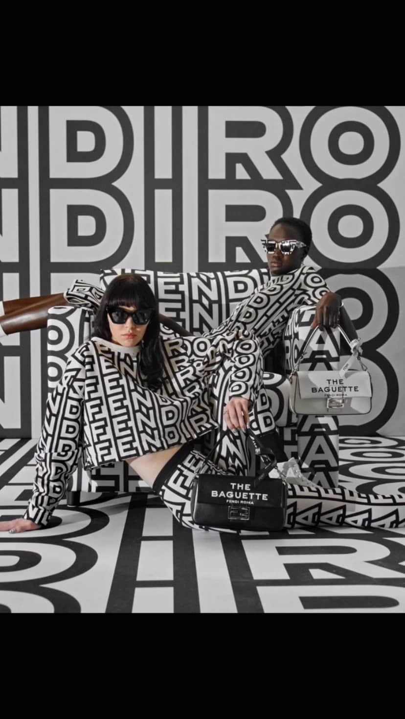 Fendiのインスタグラム：「Shop styles featuring the reimagined Fendi Roma logo and the #FendiBaguette from #MarcJacobsXFendi in boutiques and at Fendi.com.  Artistic Director of Couture and Womenswear: @mrkimjones​ Artistic Director of Accessories and Menswear: @silviaventurinifendi ​ Artistic Director of Jewelry: @delfinadelettrez​ Artistic Director: @themarcjacobs   Direction: @johnyuyi  Styling: @elliegracecumming  Hair: @evaniefrausto Makeup: @marcelogutierrez  Casting: @shelleydurkancasting Set Design: @mattjacksonmattjackson Music: @pandorasjukebox  Models: Nyalit Laul, Shelby Smith」