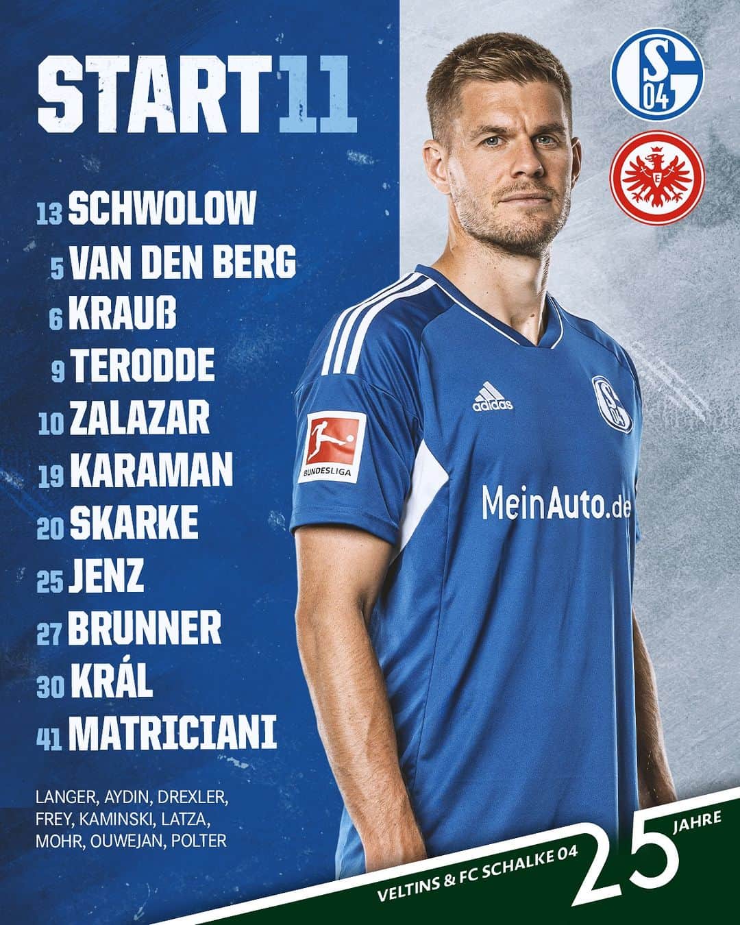 シャルケ04のインスタグラム：「Unsere Start-1⃣1⃣ gegen @eintrachtfrankfurt ⚒️ . . @veltins #S04SGE #Schalke #S04 #Matchday #Football #Soccer #Fußball #Futbol #Knappen #🔵⚪️」