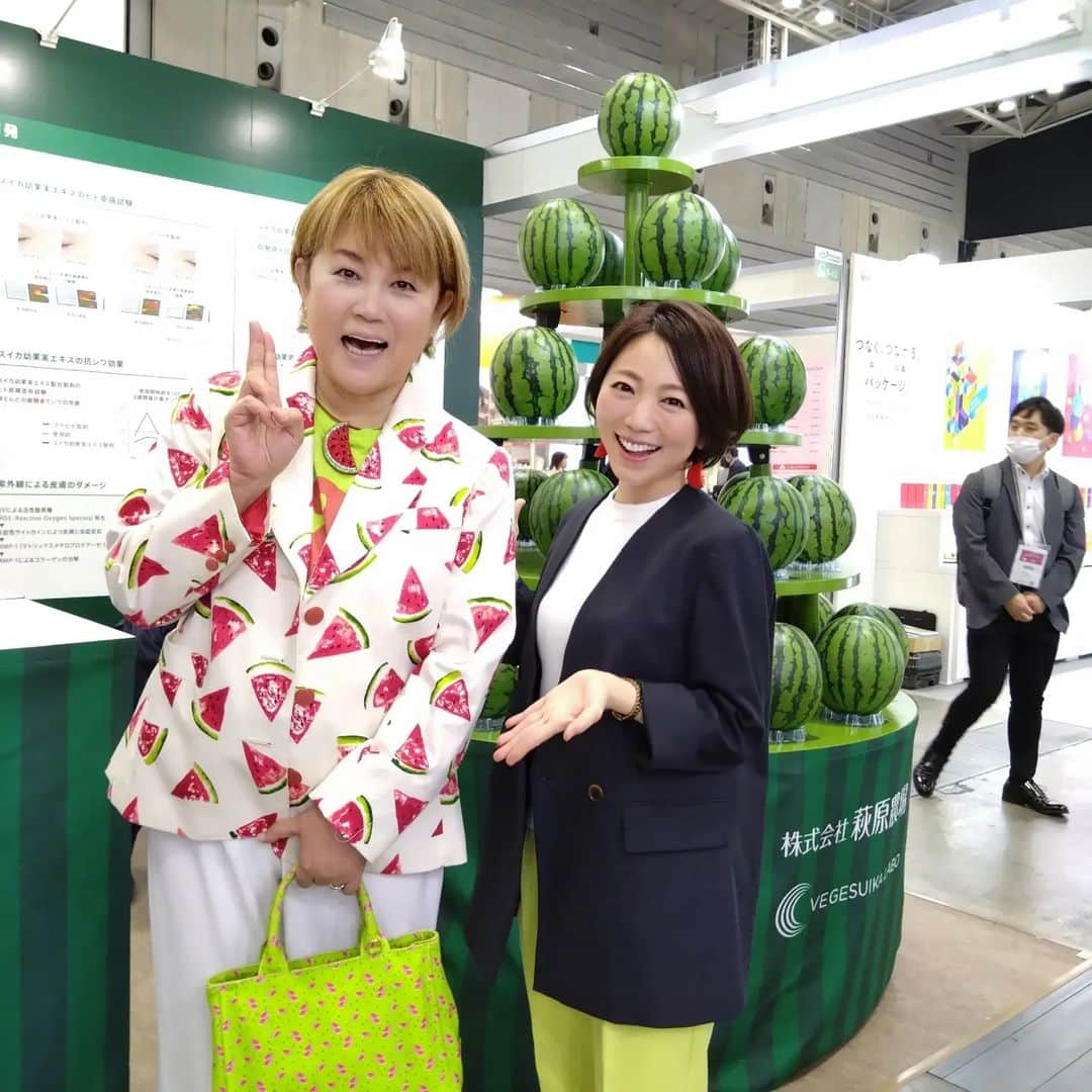 真鍋摩緒さんのインスタグラム写真 - (真鍋摩緒Instagram)「【✨🍉スイカで美容革命！🍉✨】 化粧品原料や化粧品開発の大展示会 「CITE JAPAN」がパシフィコ横浜にて 開催されましたーーーー！！  なんと今回！ スイカ倶楽部本拠地の株式会社萩原農場の 10年の研究が実を結び！  スイカの生育時に廃棄されていた 摘果幼果実（間引きされてしまう果実ね） から驚くほどの抗酸化・抗糖化作用が発見され シワ改善に劇的な効果を期待できる結果がでたため  「スイカ幼果実エキス」として 世界に向けてプレゼンさせていただくための 出展をさせていただきました！😍😍  もちろんブースにはスイカタワー！！🍉🍉  スイカ親善大使の私は セミナー会場にて開催された  萩原農場 農学博士 橋詰先生と ビューティーサイエンティストの岡部美代治さんの  技術研究発表会のモデレーターを 務めさせていただきました！！  ブースには スイカの大先輩！！であり このスイカビューティープロジェクトの ご協力もいただいている 山田邦子さんもご来場くださり！  最高のインタビューも録らせていただきましたので 公開をお楽しみに！！  皆さん今年は スイカビューティーにも ご注目くださいね！！！！😍😍😍  楽しみーーー！！！！」5月20日 23時59分 - maomanabe