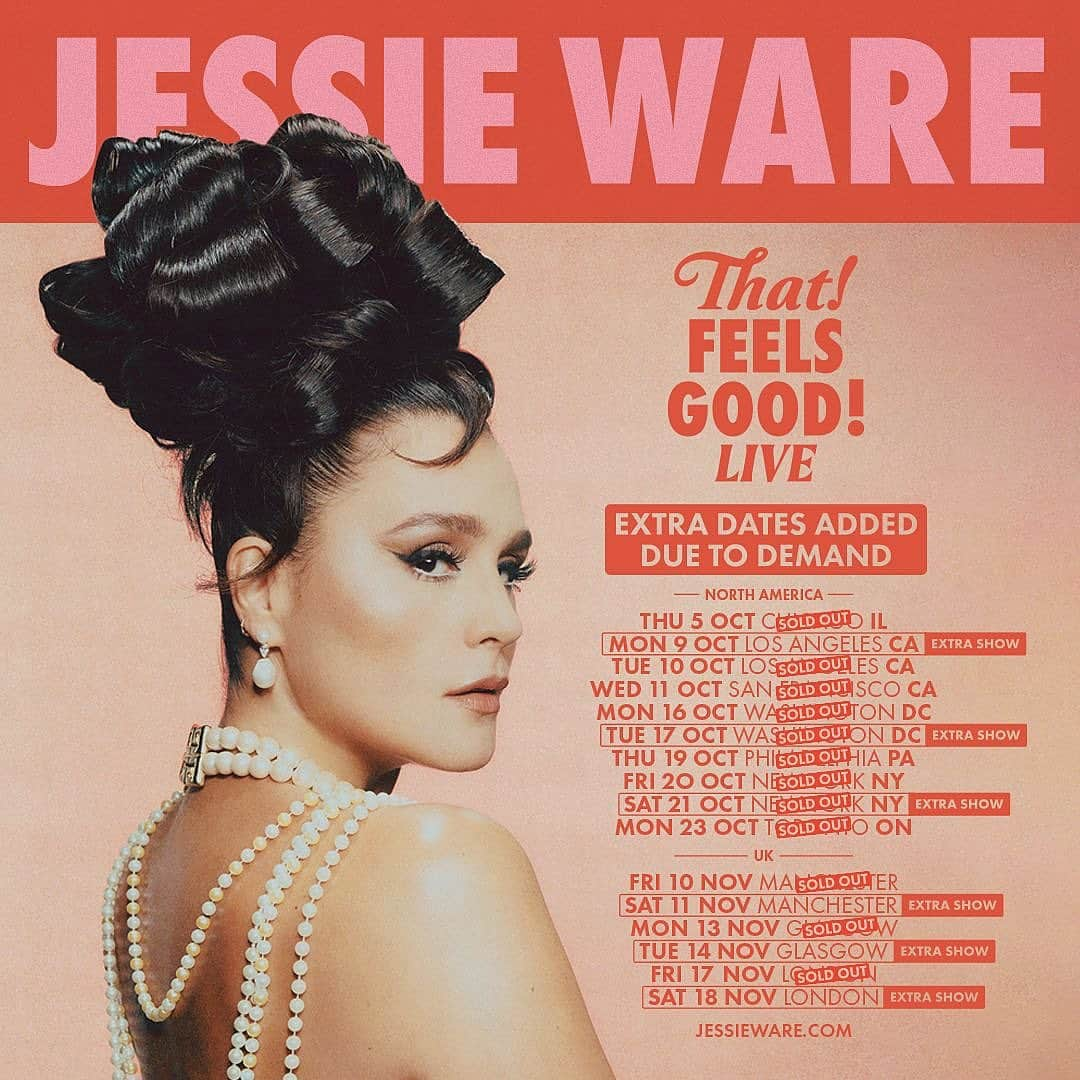 ジェシー・ウェアのインスタグラム：「I cannot wait to tour That! Feels Good! And you were so excited too, that we had to add more dates!  These are all the US and UK tour dates, come join the party, it’ll feel….GOOD x get tickets at jessieware.com x」