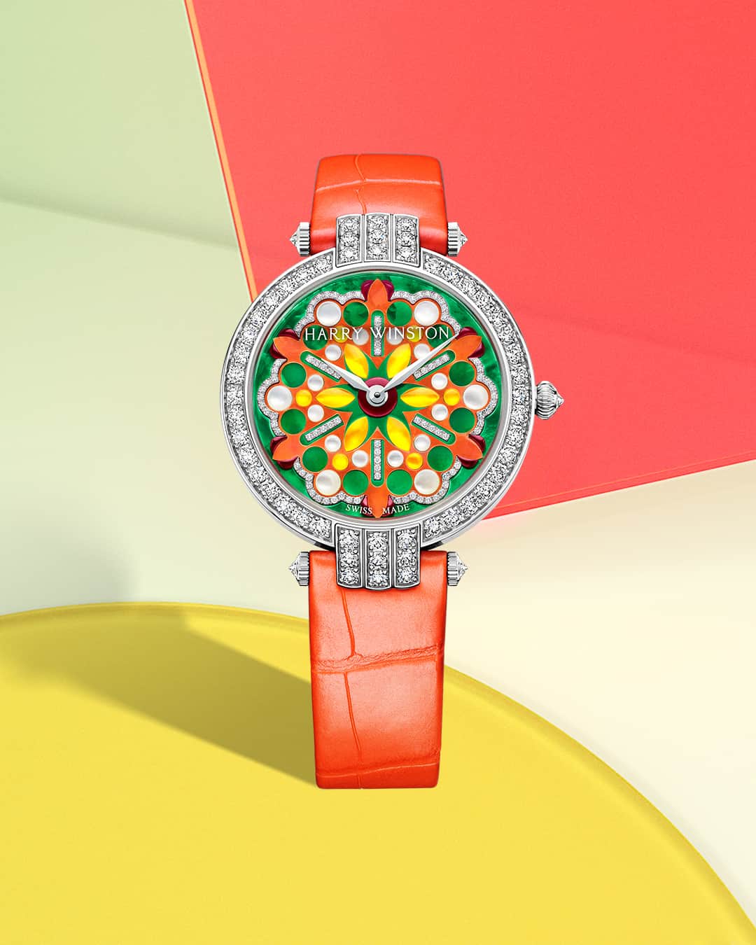ハリー・ウィンストンのインスタグラム：「Featuring a hypnotic dial, the Harry Winston Premier Kaleidoscope Automatic 36mm timepiece embraces summer’s glowing hues. Tap the link in bio to accent your wrist with this bold watch. #HarryWinston #WinstonKaleidoscope」