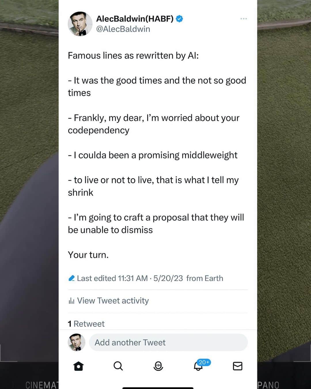 アレック・ボールドウィンのインスタグラム：「Let me know your famous literary, historical or cinematic lines as conjured by AI…」