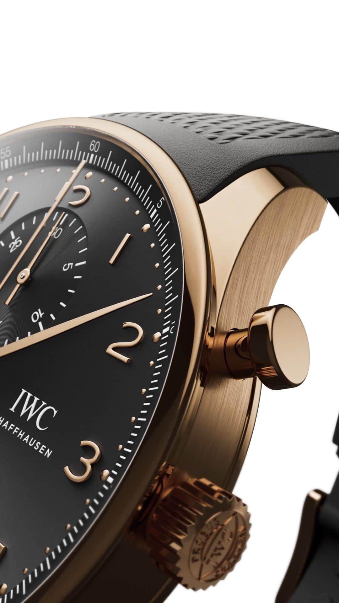 IWCのインスタグラム：「A technical instrument and an object of desire. Our #IWCportugieser Chronograph (Ref. IW371610) shown with a black rubber strap, is purposeful in its design, precise in its functionality and eye catching with its sunray dial. Visit your IWC boutique or retailer to discover the variety of strap options available. #TheReference   🔗Link in Bio」