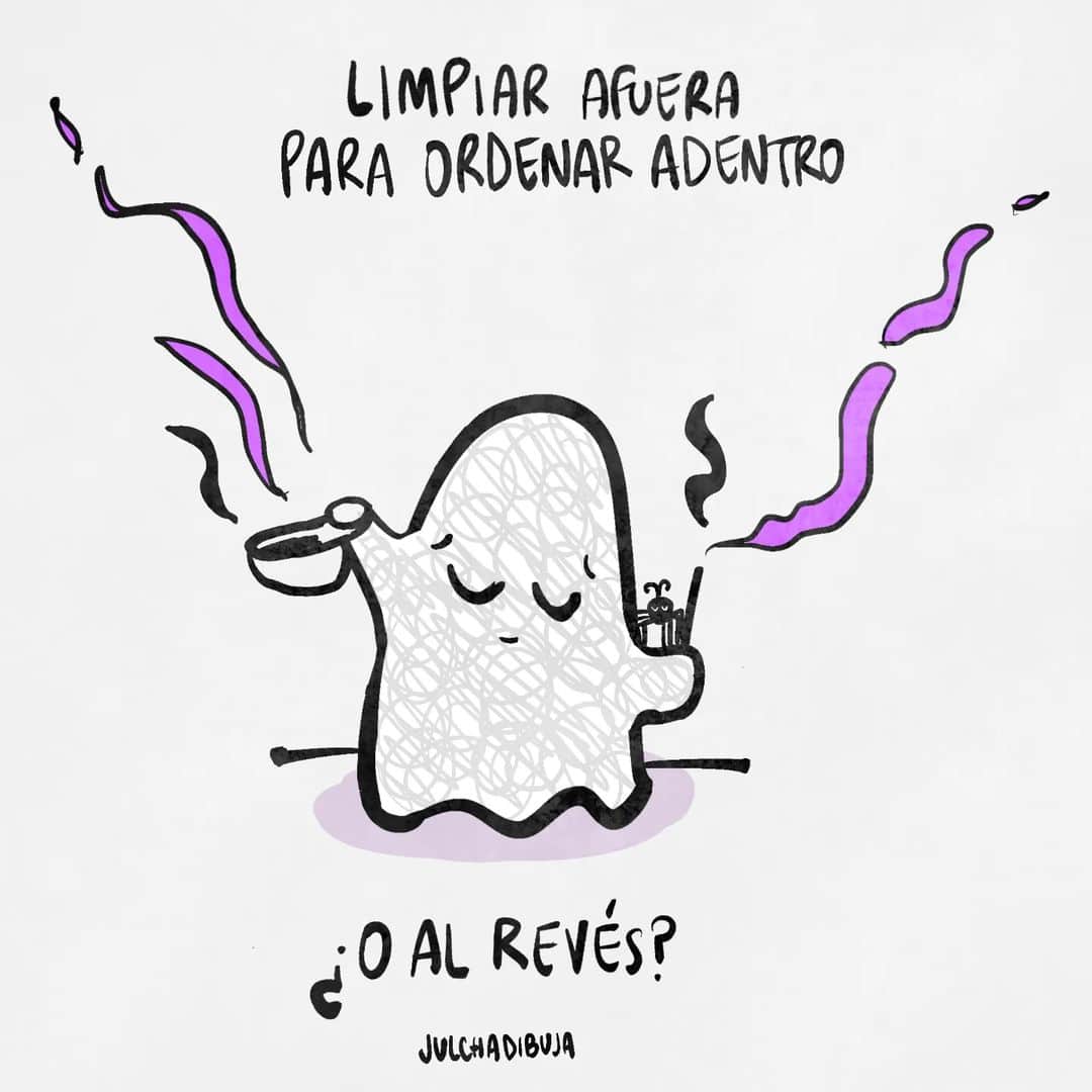 ヒフ・イラストレーションズのインスタグラム：「✨️ Finde de limpieza ✨️  Como es afuera es adentro, y viceversa, no? Muchas veces nuestro entorno es reflejo de lo que nos sucede internamente, y a veces un primer paso para empezar a ordenarnos y encontrar un poquito de armonía interna, es limpiar y ordenar el afuera. Otras veces puede que la cosa sea al revés. Lo importante es poder empezar a reconocer cómo influye cada mundo en el otro para buscar la forma de empezar a armonizarlos. 🌱✨️ . . . . . #illustration #digitalart #text #ghost」