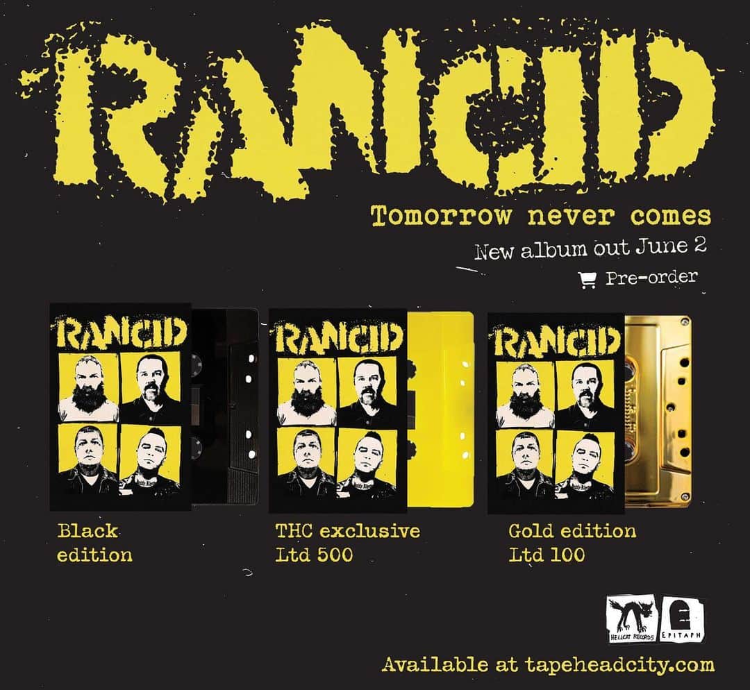 Rancidのインスタグラム：「We’re excited to announce limited edition cassette tapes in 3 colors of our new album, ’Tomorrow Never Comes'! Tapes are produced in real-time Hi-Fi / 24-bit audio. Pre-order them now while you can from the link in bio.  ☠️ Black tape - standard edition ☠️ Yellow tape - @tapeheadcity exclusive edition - limited to 500 copies ☠️ Gold tape - limited to only 100 copies! [limit 1 per person]」