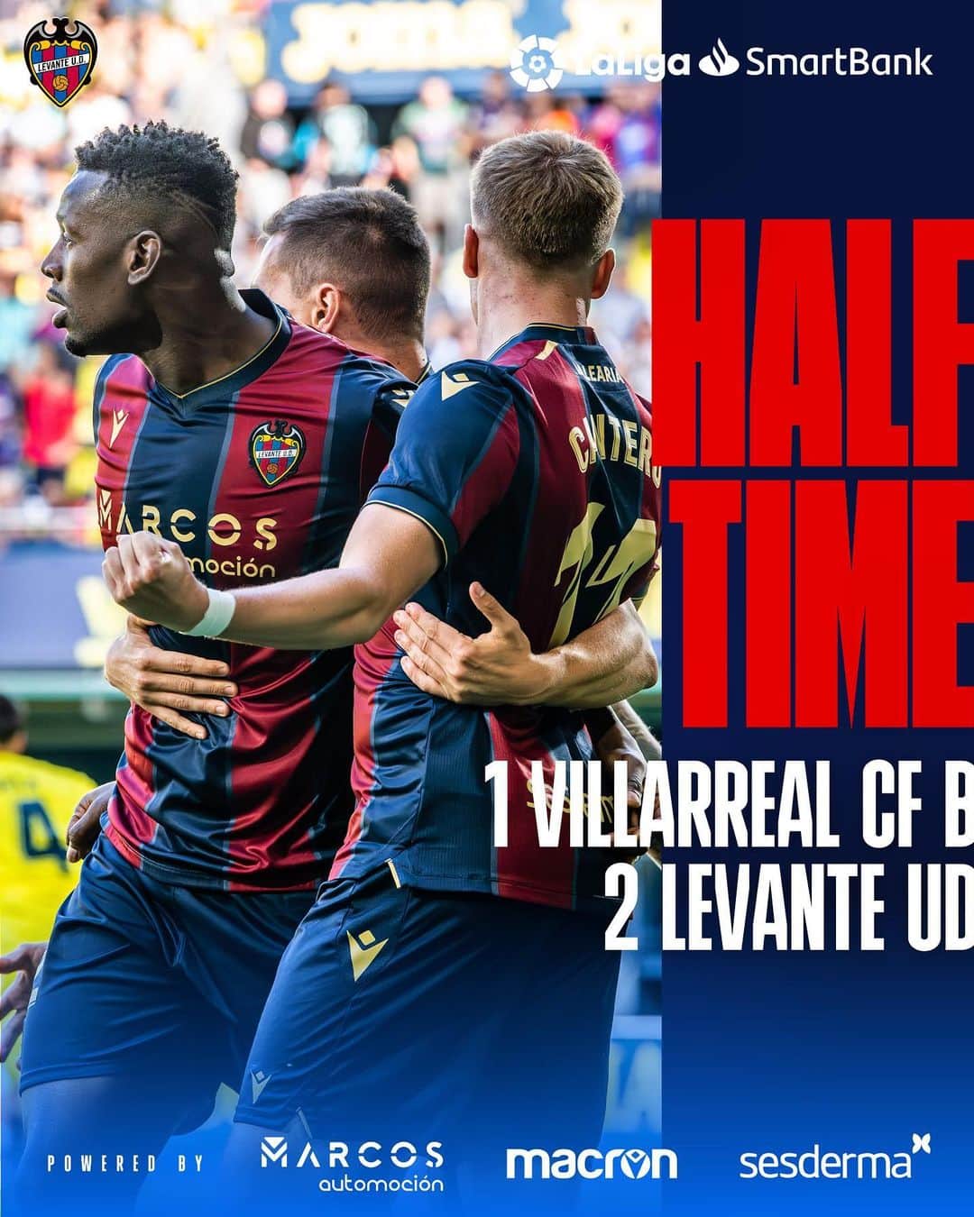 レバンテUDのインスタグラム：「DESCANSO |  @canteragrogueta 1-2 #LevanteUD   #VillarrealBLevante  • @grupomarcosautomocion @macron @sesderma @baleariaferry @amstel_es @cocacola_esp」