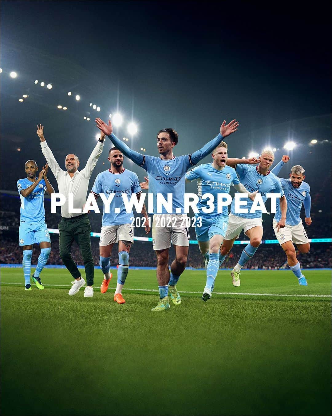 プーマのインスタグラム：「Home of the Hattrick 🏆🏆🏆  Congratulations @mancity for winning the league 3️⃣ times in a row 🩵 #FOREVERFASTER」