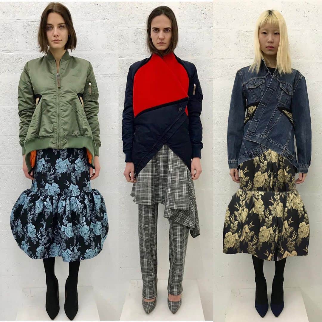 のインスタグラム：「3 from FW18 ❤️‍🔥 1. Dartsbomber over Roseskirt  2. Starbomber over draped dress and pants in Prince-of-Wales check  3. Darts Denim Jacket over Roseskirt  - - - - - - #lutzhuelle #lutz_huelle_paris #lutz_dartsbomber #lutz_starbomber #bomberstyle #lookdujour #couture #bomberos #recycledbomber #jacquard #outfitinspiration #outfitoftheday #outfit #outfitstyle」