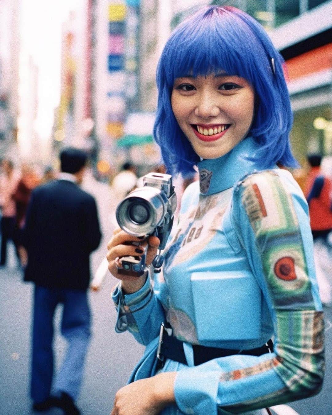 草野絵美のインスタグラム：「Since the start of 2023, I've been prompting a fictional youth culture every day with AI. The algorithm has now learned my face, and for the first time, I can truly inhabit this world I've fabricated 👽🫶✨  AI生成写真＋スマホで撮影した自分の顔のモデル。プロンプトをかなり工夫して自分の造形に近づけた結果…！ 信じられないくらい自然な仕上がりになってきた。 これで作品の中で生きれる。。。。！ 👽 #neuralfad #aiphotography」