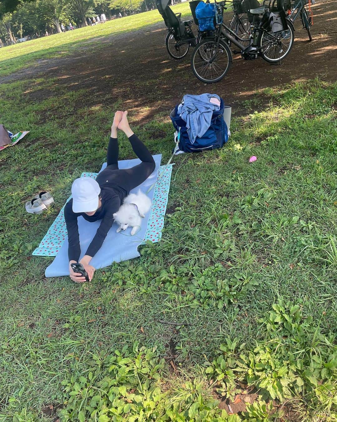 井上貴美のインスタグラム：「🧘 踏んできたり、登ってきたり、癒しと笑いのヨガ🐾  土と緑のにおいに、心がゆるむー🌿  @orieppi 写真どうもありがと☺️」