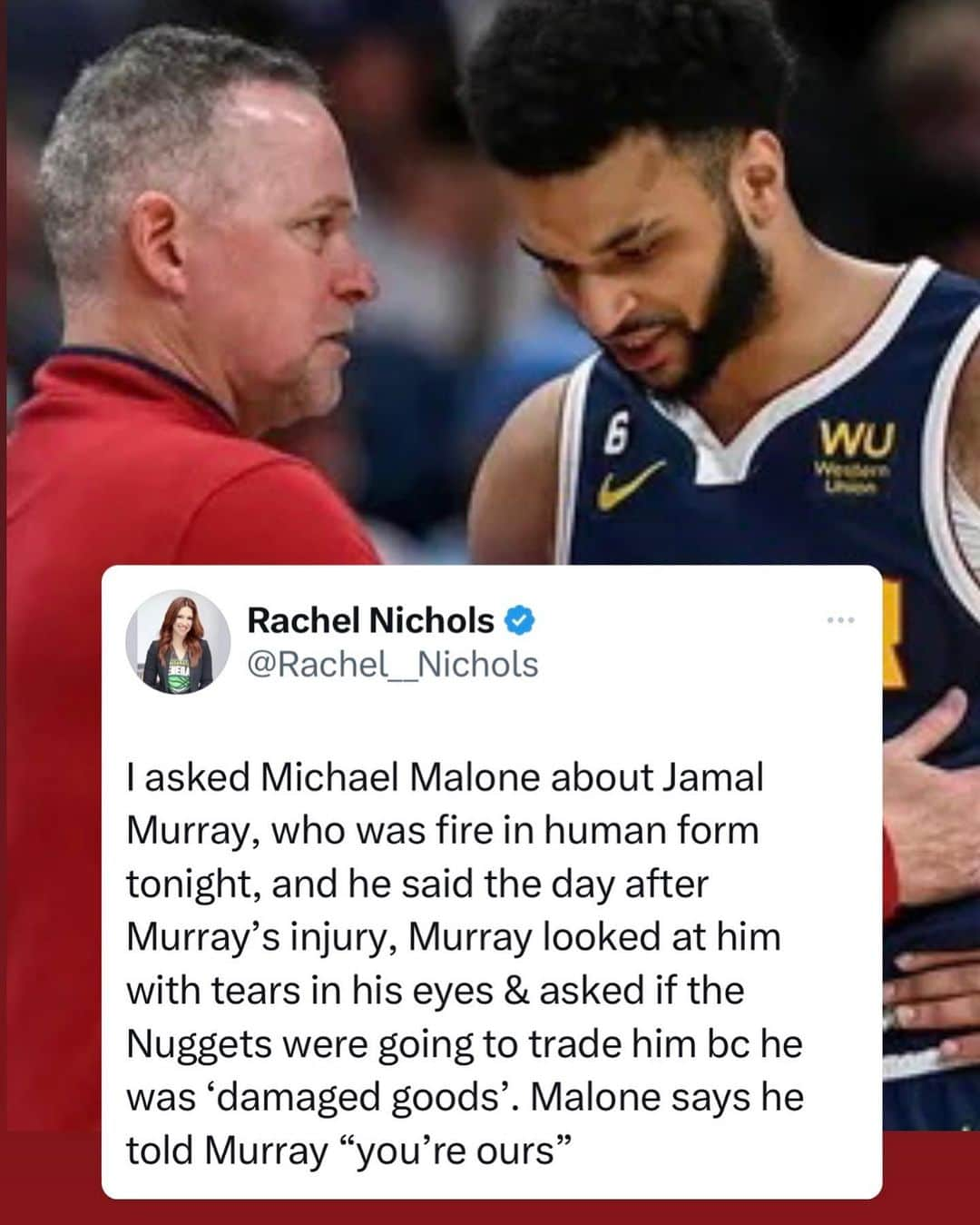 レイチェル・ニコルズさんのインスタグラム写真 - (レイチェル・ニコルズInstagram)「Jamal Murray tore his ACL in April of 2021, sat for the entire next season…and now the #Nuggets up 3-0 on the #Lakers in the Western Conference Finals.」5月21日 12時55分 - rachel_nichols