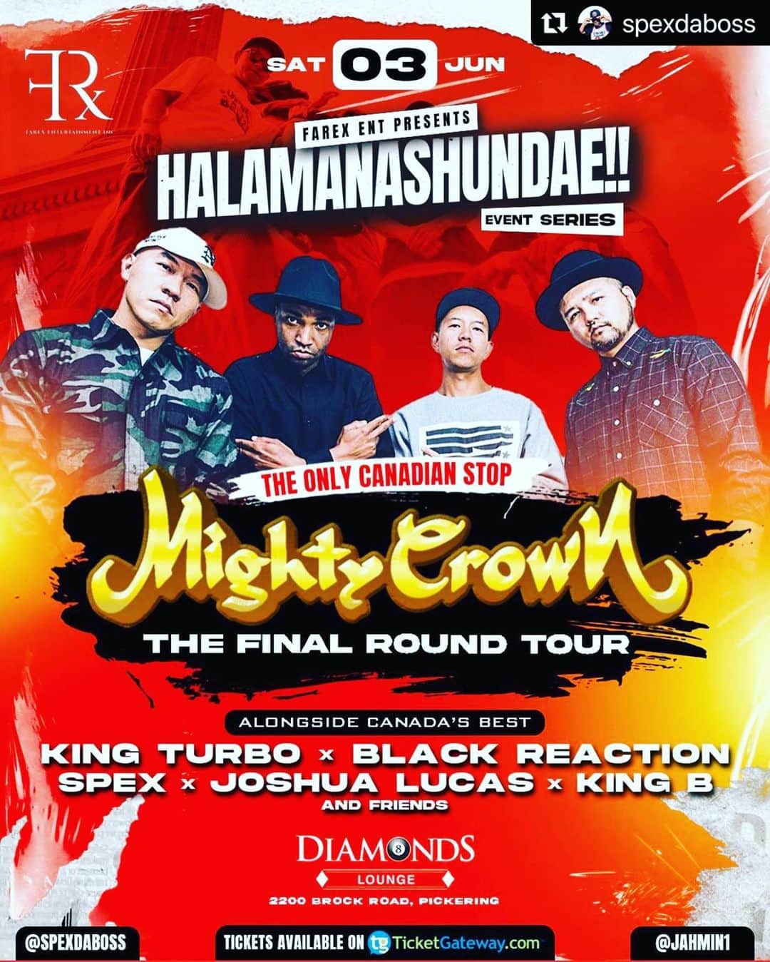 mastasimonのインスタグラム：「🇨🇦 Canada 🇨🇦 カナダ 🇨🇦 Toronto  Lock your date June 3rd !  Mighty Crown Final Round Tour !  It’s gonna be Krazy !!   #Repost @spexdaboss   Farex Entertainment Presents HALAMANASHUNDAE!!!  The Final Round Tour: Featuring all the way from Japan for their final performance in the North - The Far East Rulaz!!!  Saturday June 3  @MIGHTYCROWN will make their final appearance in Canada before they call it a career.   Be a part of history as we celebrate one of the most influential sound systems ever, and their contribution to the Dancehall Reggae Culture.  Also Featuring Canadas Finest: @kingturbosound  @blackreactionsound  @spexdaboss  @joshuaxlucas  @kingbchosen1  and special guests…  All taking place at the east ends premier location @diamondsbilliardsandlounge   For Information, booths, ticket pick up and delivery contact @jahmin1 or call 416.820.3156  Limited Early bird tickets still available, secure yours now before they are gone!  Ticketgateway.com/mightycrown  🇯🇵🏆🇯🇲🏆🇨🇦   #mightycrown」