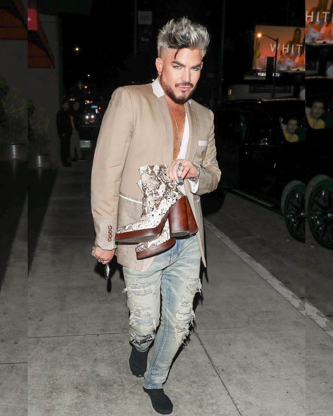 Just Jaredさんのインスタグラム写真 - (Just JaredInstagram)「Adam Lambert is looking more platinum than ever! The star took off his heels and walked around in his socks during a night out in West Hollywood earlier this week. We've got more pics over at JustJared.com. #AdamLambert Photos: Backgrid」5月21日 13時50分 - justjared