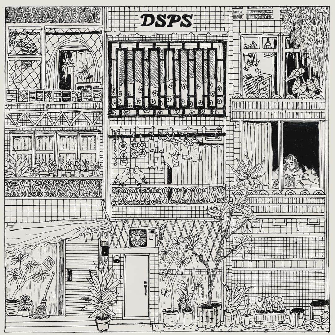 Helmet&Underground RIKOのインスタグラム：「artworks for DSPS 加工前のベース絵です。DSPSの新曲を聴いて、大好きな台北の街並みの写真を見ながら描きました🚶🏻🐕🪴🧡」