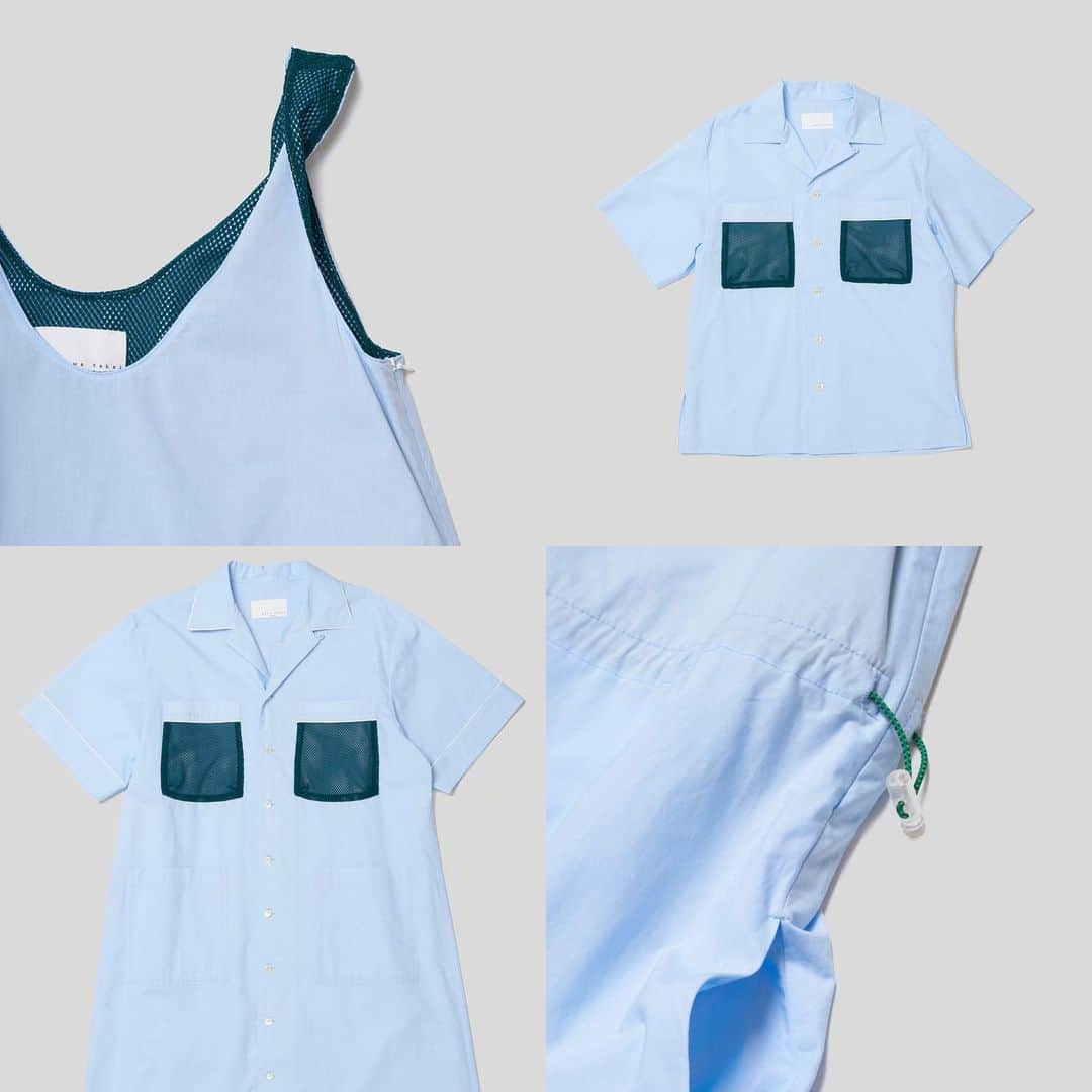 サワ タカイのインスタグラム：「sawa takai Spring Summer 2023  Blue Cotton Shirting x Green Sports Mesh  -Bib Dress -Big Bowling Shirt -Bowling Shirt Dress  #sawatakai #springsummer2023 #ss23 #ss2023」