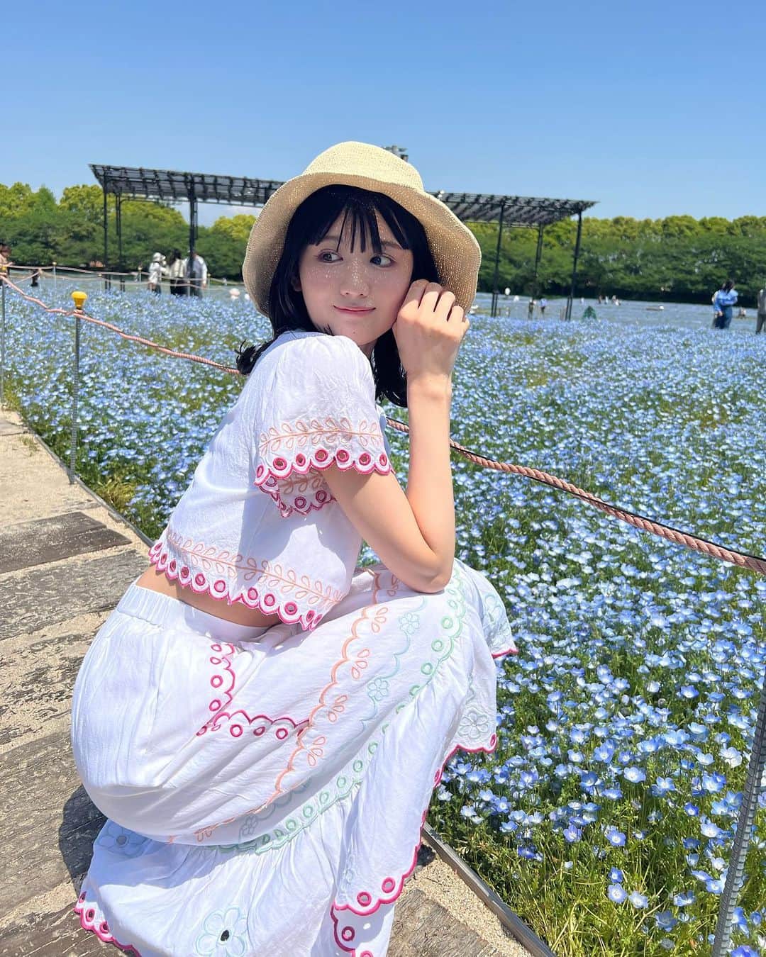 長谷川里桃のインスタグラム：「⁡ ⁡ #ネモフィラ 🩵 ⁡ ⁡ とっても暑い日でしたね🌡️ みなさん大丈夫でしたか？ ⁡ わたしは今日ちょっとぽわぽわしてしまいました ⁡ ⁡ 涼しげなお花を見て癒されるといいな🫧」