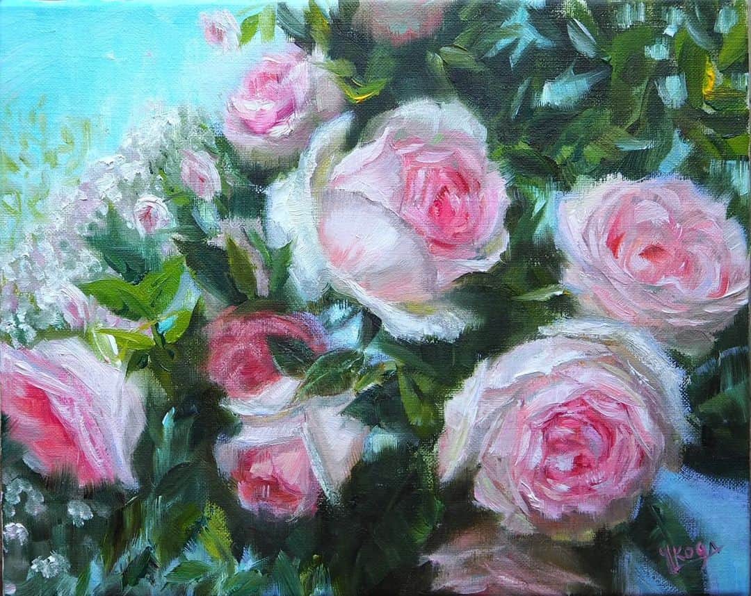 古賀陽子のインスタグラム：「ピエール・ドゥ・ロンサール🌹✨ #バラ #rose  #油絵 #絵画のある暮らし #絵のある暮らし #美術好きな人と繋がりたい  #アートコレクター # #神戸 #西宮 #現代アート #近代アート #美術 #ギャラリー #アートワーク #美術館 #展覧会 #japaneseartist #figurativepainting #figurativeart #artcollector #exhibit #exhibition #gallery  #artistsoninstagram #contemporaryart  #artwork #painting #古賀陽子 #yokokoga」