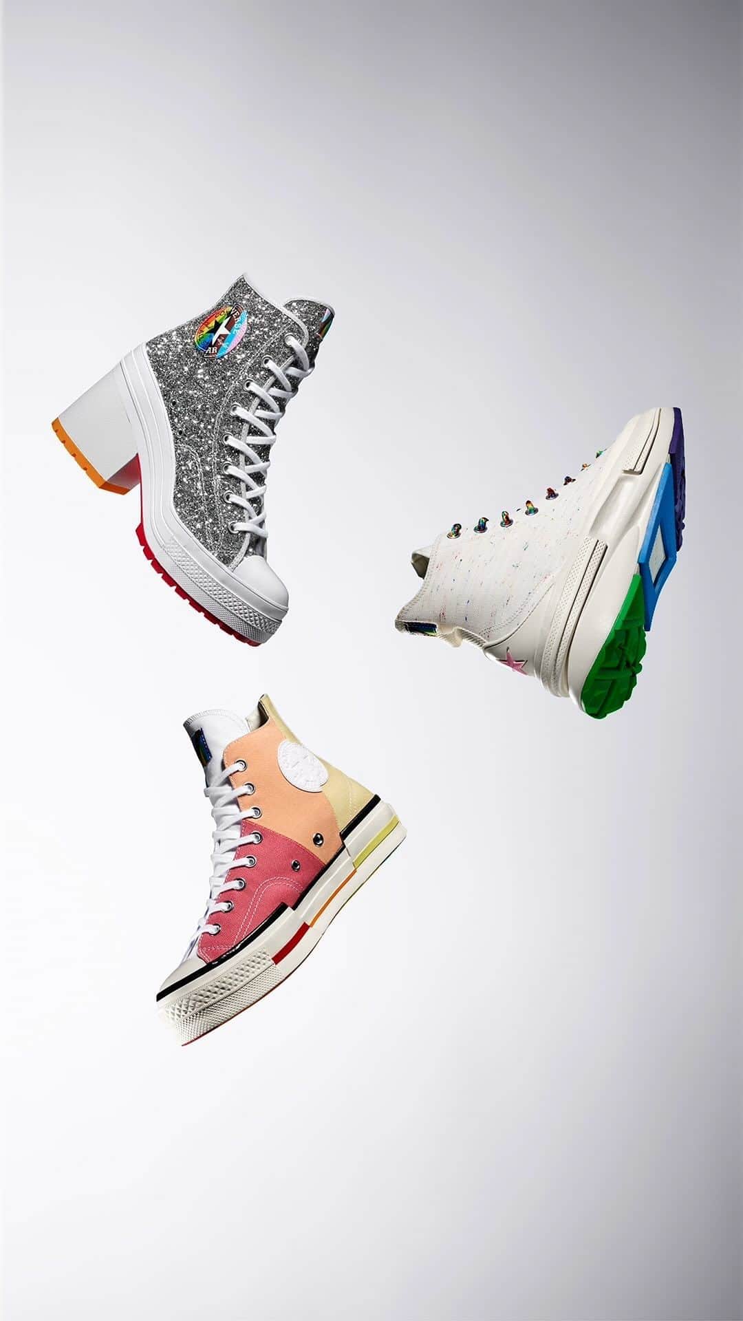 converseのインスタグラム：「This Pride ✨ shine in the Chuck 70 De Luxe Heel, make strides in the Run Star Legacy or stand tall in platform Chucks.  All available in gender neutral sizing on Converse.com. #CreateNext #ConversePride」