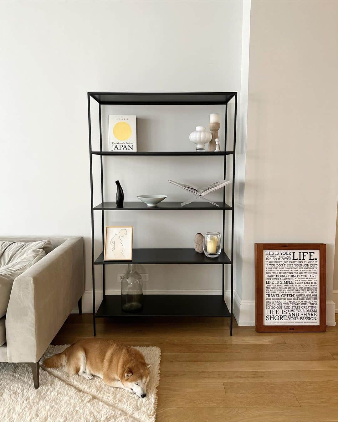 大塚良子のインスタグラム：「Sunday morning🐕 New shelf for collecting things I love. @roomandboard   お気に入りを集めていきたい棚  撮影する器を並べておくにも便利そうと思って 久しぶりに大きめのインテリアを投入 木製が良かったけど家にウッドが多いと重くなりがちなのと 何よりお値段も張るので、この棚にして結果良かった  こちらのインテリアショップって配送に驚くほど時間がかかる事あるのでクイックな配送対応だったのも決め手でした。」