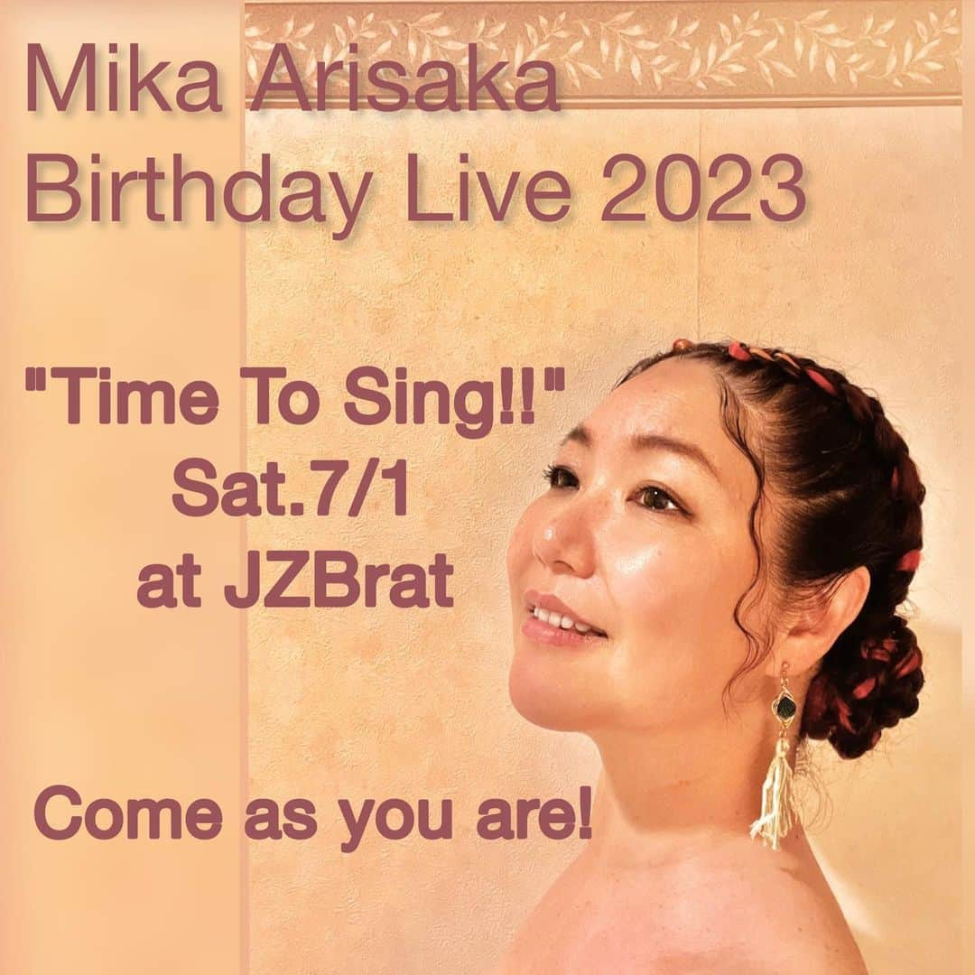 有坂美香のインスタグラム：「【SOLD OUT🎉　7/1 Sat. Birthday Live🎉Time To Sing!!at JZ Brat⭐️】 チケットは完売いたしました🙏 ありがとうございます♪ 熱い夜になります‼️  Thank you‼️  今年もやらせて頂きます♫ 有坂美香バースデーライブ at 渋谷JZ Brat!  もう今年は以前の様に お客さんも一緒に歌いたい♫  という思いも込めて！ タイトルも　"Time To Sing!!! " です！ Yes, it's about time!!  もちろんゆっくりじっくり 聴いて頂けるナンバーも用意してます。  お馴染みのメンバーと お久しぶりのメンバーと 今回も一緒に音が出せることが 嬉しくて仕方がないです！！  ぜひぜひ遊びに来てくださいね♫  素敵な時間をお届けできるよう 色々企画してます♫  どうぞ宜しくお願いします♫  5/22 14:00 チケット予約開始  https://www.jzbrat.com/liveinfo/2023/07/  7月1日土曜日 有坂美香Birthday Live🎉 "Time To Sing!!"  この度のスーパーミュージシャン！  Groove master,  大儀見元(percussion) @gen_ogimi_official   Band master 佐藤真吾(keys/ piano) @shingosato33   Power bass master 湯浅崇(bass) @pow_bass   Good vibe master コスガツヨシ(guitar) @kosugacro   Good food master 眞中やす(guitar) @syokuyabo   Big afro master 井上瑠哉(drum) @ryuya_drummer   あと一緒に歌ってくださる皆様♫  あと、new visual 髪型かわいい😍 hair @looper_hair_and_make_up  いつもありがとうございます♫  どうぞ宜しくお願いします⭐️  17:30 Open 18:30 Start 入れ替え無し2ステージ  Music Charge : 6,500yen 学生:5,500yen  小学生: 3,250yen  Come as you are!  #有坂美香 #有坂美香andthesunshowers #有坂美香birthdaylive2023 #Jzbrat #セルリアンタワー #ライブが聴けるレストラン #ゴスペル　#一緒に歌おう #親子で歌おう　#英語の歌  #msworlduniversal #世界大会 #生バンド　#大儀見元　#佐藤真吾 #湯浅崇　#コスガツヨシ　#井上瑠哉　#眞中ヤス　#渋谷　#鎌倉 #湘南ライフ　#ミュージシャン夫婦　#ジャズバー　 #中目黒ゴスペル　#鎌倉ゴスペル #キッズゴスペル #エスニックヘア #プレイズ　#編み込み」