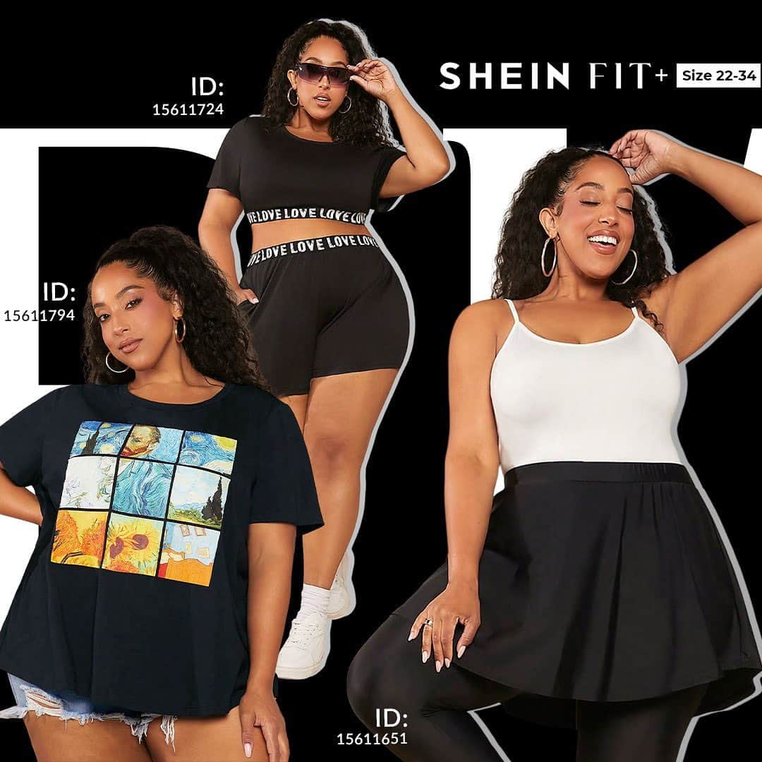 SHEINのインスタグラム：「What's today's vibe: all-black boldness 🖤, contrast cuteness 🔲, or museum-worthy muse 🎨? 👇  🔎15611794 15611771 15611724 15611651 15611596 15611486  #SHEINFITPLUS」