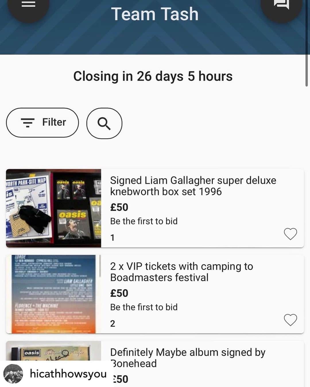 ポール・”ボーンヘッド”・アーサーズのインスタグラム：「Posted @withregram • @hicathhowsyou *ONLINE AUCTION NOW LIVE- LINK IN BIO > ( @hicathhowsyou ) some incredible experiences and prizes for you to bid for including, signed Knebworth 1996 memorabilia from LG, signed football shirts from your personal legends, gig tickets, festival tickets, boxing memorabilia and DYNAMO performing an hour session for YOU personally!! Please share far and wide. All proceeds go to support my beautiful best friend @natasha_lombart in receiving Immunotherapy to work alongside her Chemotherapy.  There will be a separate raffle (details to follow) that include multiple other exceptional prizes for you to have the chance to win. *AUCTION CLOSES* 16th June 23 @ 6PM BST.  I can’t thank everyone enough who has gone above and beyond to donate these wonderful prizes. GET BIDDING. Ax  https://app.galabid.com/teamtash/items」