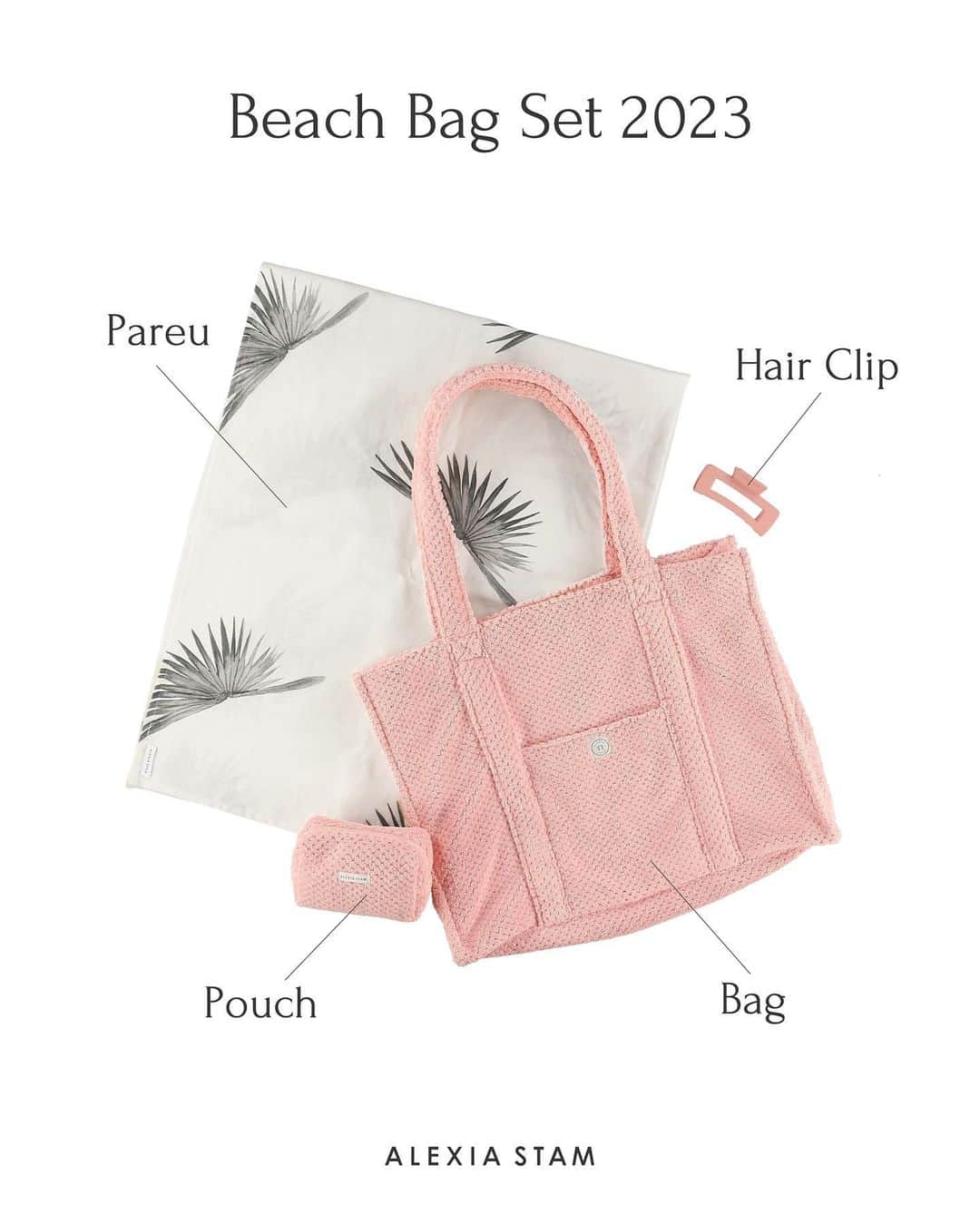 ALEXIA STAMさんのインスタグラム写真 - (ALEXIA STAMInstagram)「ㅤㅤㅤㅤㅤㅤㅤㅤ  23 Spring Summer Collection🚿 5/23(Tue)19:00〜On Sale. ________________________________ ✔︎ Beach Bag Set 2023 Size : F Price : ¥17,600(税込)  毎年大好評のBeach Bag Setの2023年バージョンが登場です。 バッグ、ポーチ、パレオ、ヘアクリップの豪華4点ビーチセット。  【セット内容】 ・バッグ&ポーチ 柔らかな肌ざわりが気持ち良く、ビーチに映えるベビーピンクカラーに。裏面もチェック柄で可愛く仕上げました。 肩掛けできるロングショルダー仕様や、内ポケット付きで機能性にも優れています。 マチ底部分は取り外し可能でお手入れがしやすいのもポイントです。  ・パレオ さらりとした肌ざわりの素材で、ウエストに巻いたり、肩から羽織ったり、敷物代わりにと様々な用途に活躍してくれます。  ・ヘアクリップ マットな質感が大人っぽく、大きく開くので髪をしっかりとホールドし、髪をまとめるのにぴったりです。 片手でスムーズに開くので、ハーフアップやまとめ髪も、これ一つで様々なスタイリングに。  #alexiastam」5月22日 11時16分 - alexiastam_official