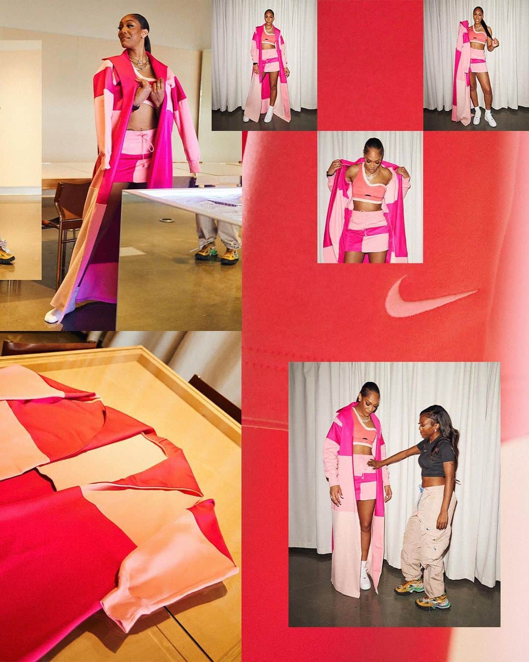 Nike Womenさんのインスタグラム写真 - (Nike WomenInstagram)「✂️💞🪡 Swipe to see the making of the tunnel walk look designer @tiaadeola crafted for WNBA star @aja22wilson for this year’s Tip Off 🏀 She was thinking pink.」5月22日 4時00分 - nikewomen