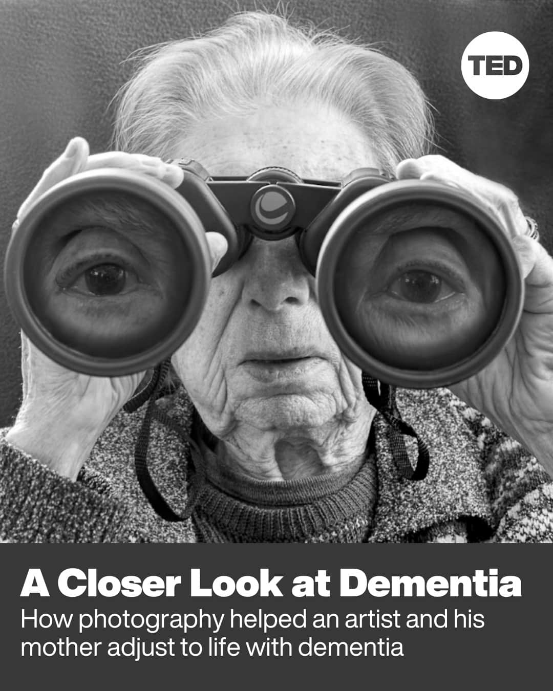 TED Talksのインスタグラム：「What can a photograph tell us? In the case of artist Tony Luciani’s images of his mother Ella, a whole lot. When his then-91-year-old parent snuck into a photo, Luciani (@ynotphoto256) was inspired to begin capturing her spirit and humor on film while she was living with dementia. As he said in his TED Talk about the photo of her holding binoculars: “Mom laughed hysterically at this one. The idea for this image came from an old German film I’d seen — as you can see, what I got instead looked more like E.T.” Luciani reflects on the bond that this photographic series created with his mother — and shares how it’s never too late for caregivers to connect with their loved ones. Want to hear about the joy and grief behind these pictures? Visit the link in our bio to watch the full talk.」