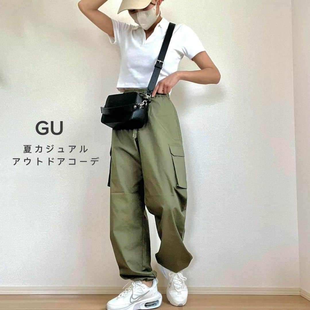 のインスタグラム：「【GU 夏のアウトドアコーデ🏕️🤍】 カーキのカーゴパンツが可愛すぎて 毎日のように履いてる☺︎  スニーカーとの合わせが大好き👏 このパンツのボリューム感も、たまらない🙆🩵  ⁡今回はECサイトで丈長めを買ってみたよ🛒✨  ⁡ ⁡もうすっかり暑くなって クーラー欲しいくらい🥹 夏が好きだから嬉しすぎる☺︎♡  今年の夏も沢山旅行したいから、 GU使った旅行コーデ更新するね✈︎👏 ⁡ ⁡  ⁡ #gu #gu購入品 #gu購入品レポ #ジーユー #ジーユー購入品 #ジーユーコーデ #プチプラ高見えコーデ #アラサーファッション #1週間コーデ #着回し術 #カーゴパンツコーデ #カーゴパンツ女子 #アウトドア女子 #アウトドアコーディネート #キャンプ女子コーデ　#ナイキスニーカー女子」