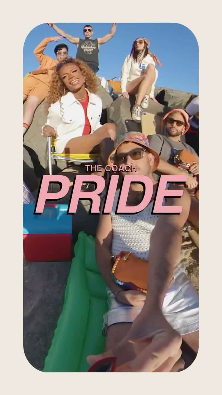 コーチのインスタグラム：「It’s here: the Coach Pride Collection. ⛱️✨ Our summer celebration starts at the beach (of course) with some of our favorite fun people: @papijuicebk creators Adam Rhodes, Mohammed Iman and Oscar Nñ, writer and podcaster Fran Tirado, artist Ashley Lukashevsky, model Alaska Riley, musician Jonah Almost, along with Heaven and Amy —two members of the @hmiyouth program. Follow along and join the party. 😎 Link in bio to shop.  We’re celebrating LGBTQIA+ communities everywhere, this June and every month. 🫶 This year marks a decade of partnership between the Coach Foundation and the @hetrickmartin Institute, and continuing partnerships with @pointfoundation and @lgbtcenterlink. All three organizations create supportive environments where LGBTQIA+ young people can thrive.  Videographer: @michaeldellapolla Assistant Videographer: @thedanrobertson  #CoachPride #CoachNY」