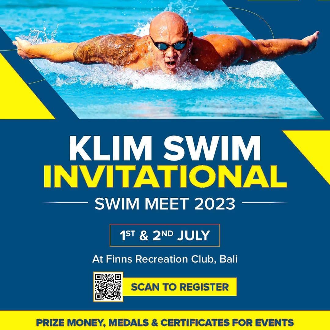 マイケル・クリムのインスタグラム：「The Klimswim Invitational is fast approaching, we are very excited to again be host swimmers from all over the region and overseas. Registration is now open scan the QR code or head to the link in my bio. @klimswim @finnsrecclub #klimswim @bayarind @indoswimgear @dmcfins @tamora_group @icebaths_bali @jsa_bali @suka_thelabel @」