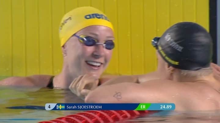 サラ・ショーストレムのインスタグラム：「🎥 Women’s 50m butterfly final from Monaco during the Sunday speed tournament ⚡️ It’s a new Monaco meeting record for Sarah Sjöström 👏  🥇 24.89 Sarah Sjöström 🥈 25.96 Mélanie Henique  Find the results, replays and more at https://marenostrumswimtour.com  #marenostrumswimtour #marenostrum2023 #swimming」
