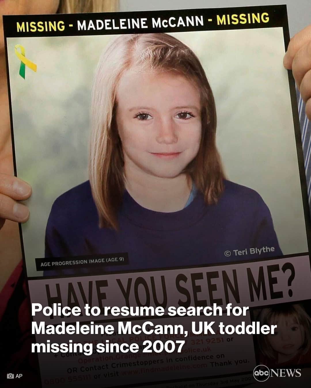 ABC Newsのインスタグラム：「Portuguese police say they plan to resume the search for Madeleine McCann, the British toddler who disappeared in the country's Algarve region in 2007.  British, Portuguese and German authorities are still piecing together what happened when the toddler disappeared from her bed in the southern Portuguese town of Praia da Luz more than 16 years ago. She was in the same room as her 2-year-old twin brother and sister while her parents had dinner with friends at a nearby restaurant.  Learn more at link in bio.」