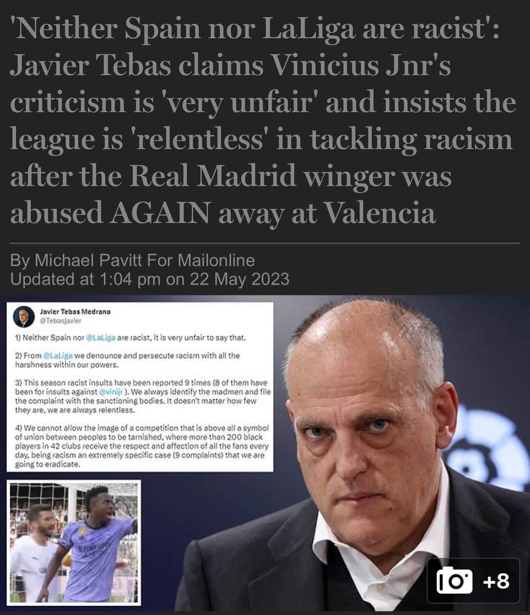 リオ・ファーディナンドのインスタグラム：「Just step down now. Disgusting, embarrassing, so out of touch that I can’t actually believe this guy is allowed to write his own social posts.  “Cases of racism are an extremely rare occurrence”  Is this guy living under a rock???? (Only the 9 he says) Loads of empathy and compassion in his statement to the world 🤬  @laliga @javier.tebas」